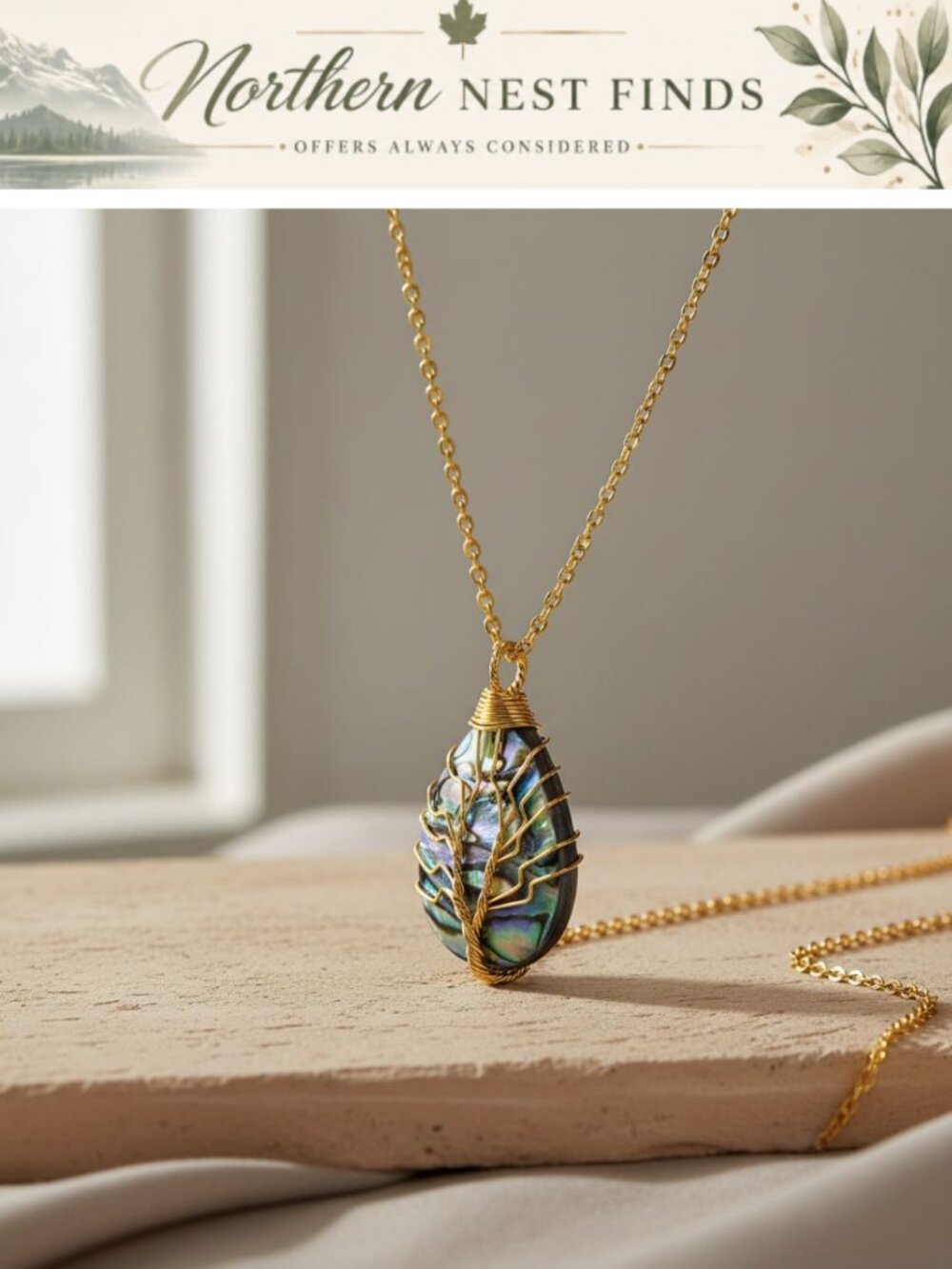 Hand Wrapped Abalone Shell Tree of Life Pendant Necklace Small Gold Plated